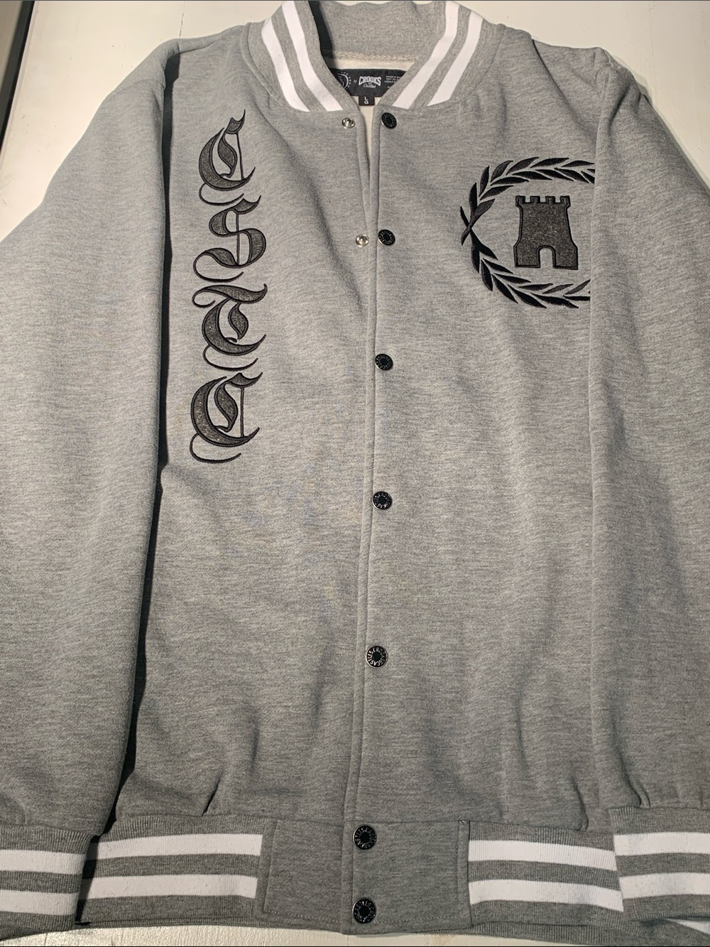Crooks & Castles Grey Varsity Bomber Jacket with Crest and Script Detailing